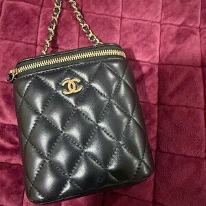 CHANEL Black Quilted caviar Mini Cosmetic crossbody  with Gold Chain
